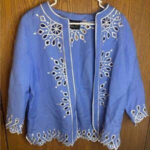 Bob Mackie Art Embroidered Cutout Blue Linen Blend Open Front Jacket Sz Small